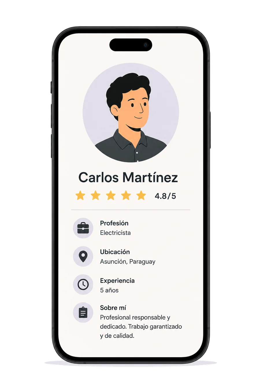Perfil de un trabajador verificado en la app, con calificación, ubicación y experiencia