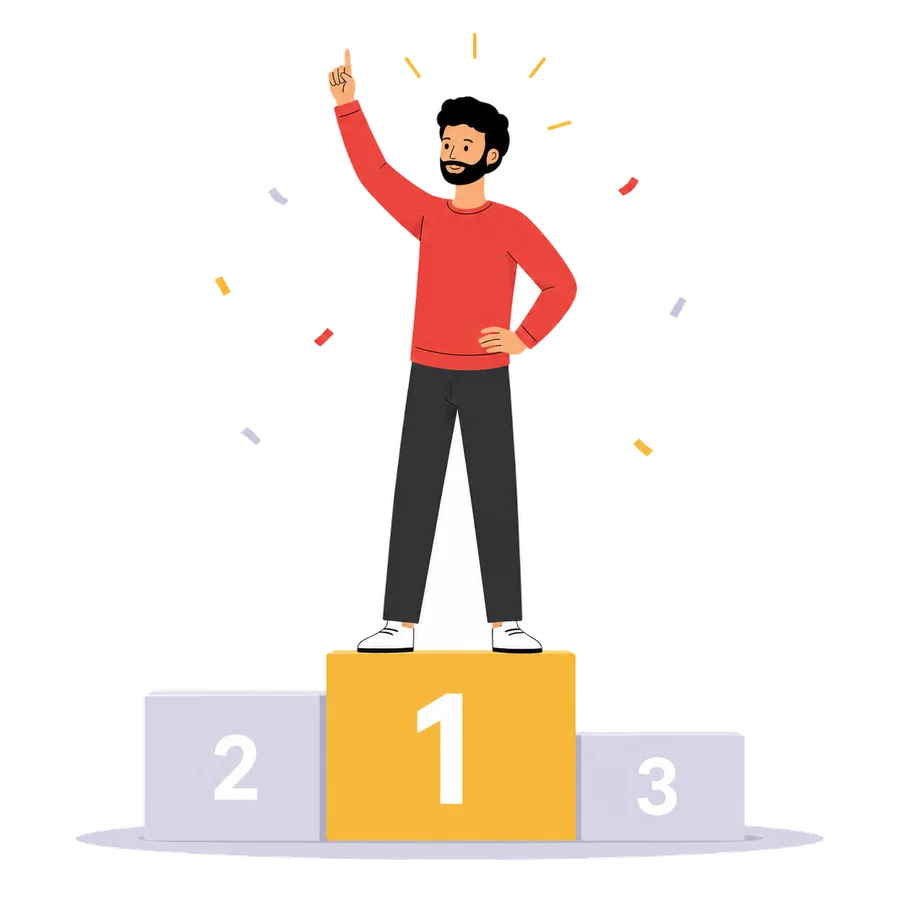Trabajador celebrando en el primer puesto de un podio