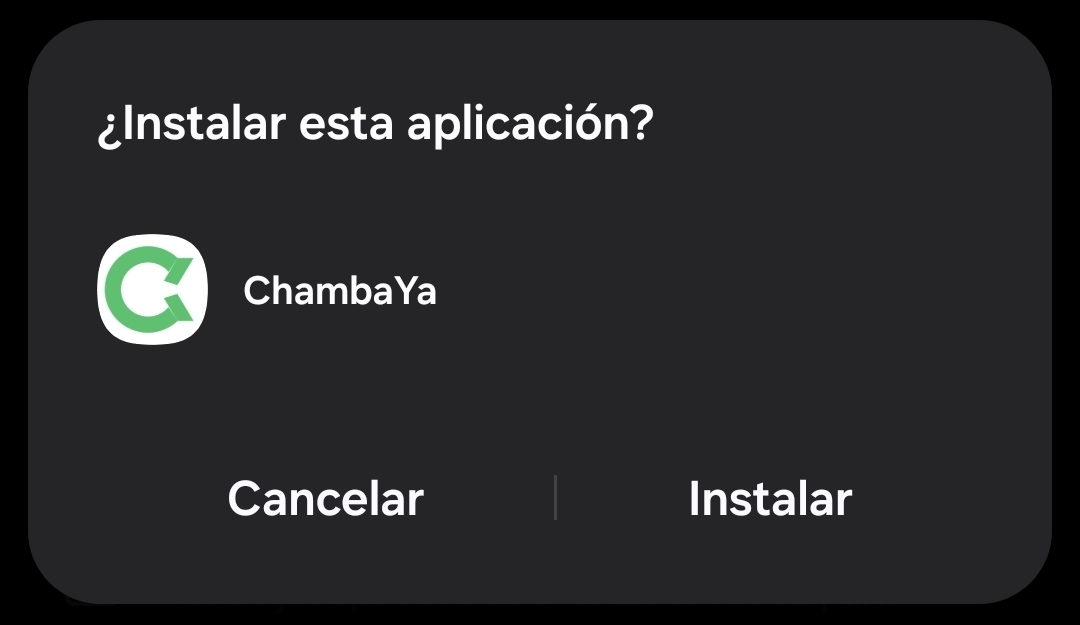 Diálogo de confirmación para instalar la aplicación ChambaYa
