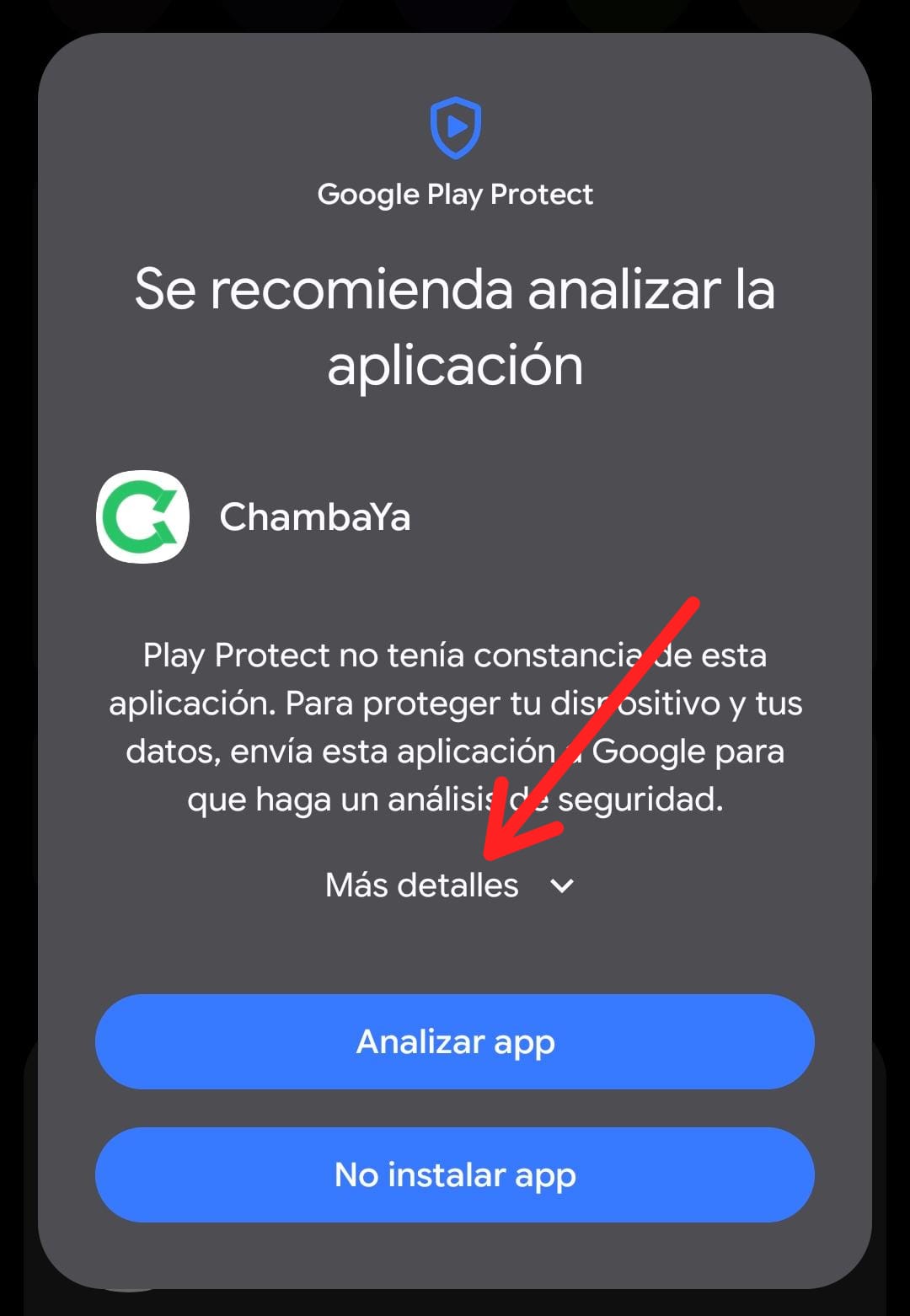 Aviso de Google Play Protect pidiendo analizar la aplicación ChambaYa
